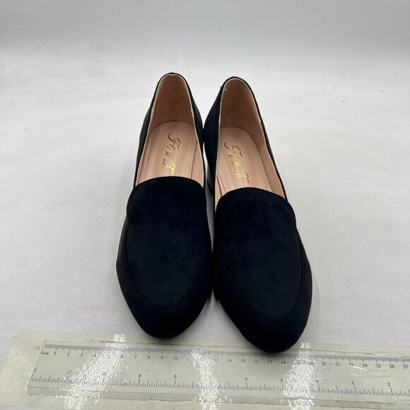 FOWT Black Suede Slip On Side V Cut Loafers Almond Toe Chunky Heel Pumps - Picture 3 of 8